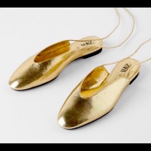 ZARA Gold backless ballerina flats with laces